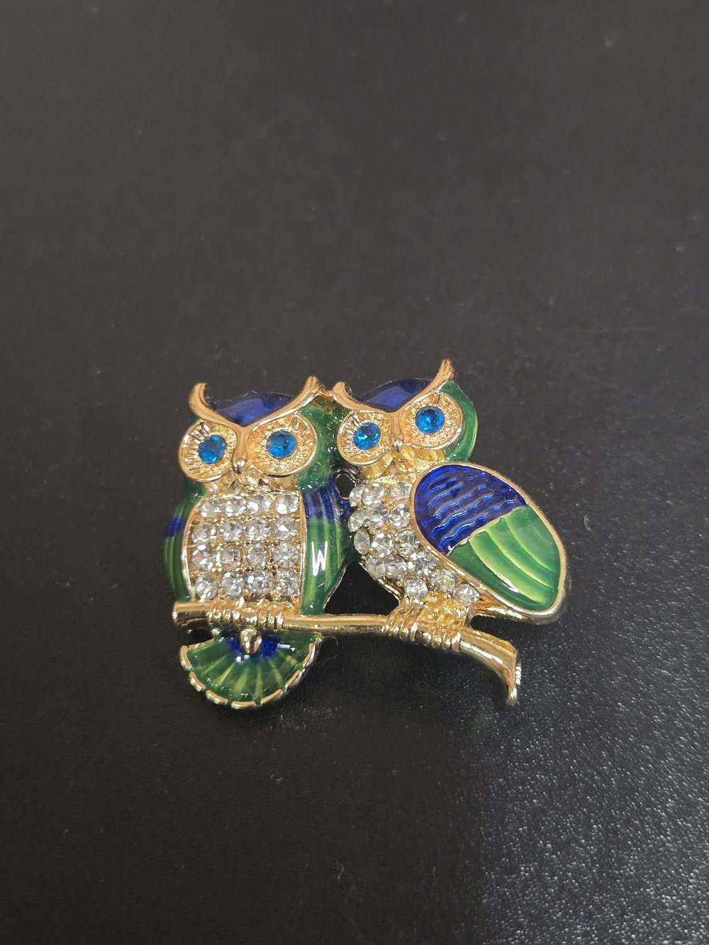 Gold-Tone Owl Duo Brooch with Blue & Green Enamel and Clear Crystals